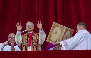 Pope Leo XIV greets the faithful in St. Peter’s Square shortly after his election to the papacy, Thursday, May 8, 2025. Credit: Daniel Ibáñez/CNA