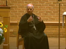 Then-Cardinal Robert Prevost speaking at St. Jude Catholic Church in New Lenox, Illinois, on Aug. 7, 2024.