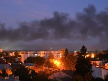 Black smoke billows over the city after drone strikes in the western Ukrainian city of Lviv on Sept. 19, 2023, amid Russia's military invasion on Ukraine. Drones attacked Ukraine's western city of Lviv early on Sept. 19, and explosions rang out, causing a warehouse fire and wounding at least one person.