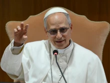 Pope Leo XIV speaks to the College of Cardinals in Rome on Saturday, May 10, 2025.